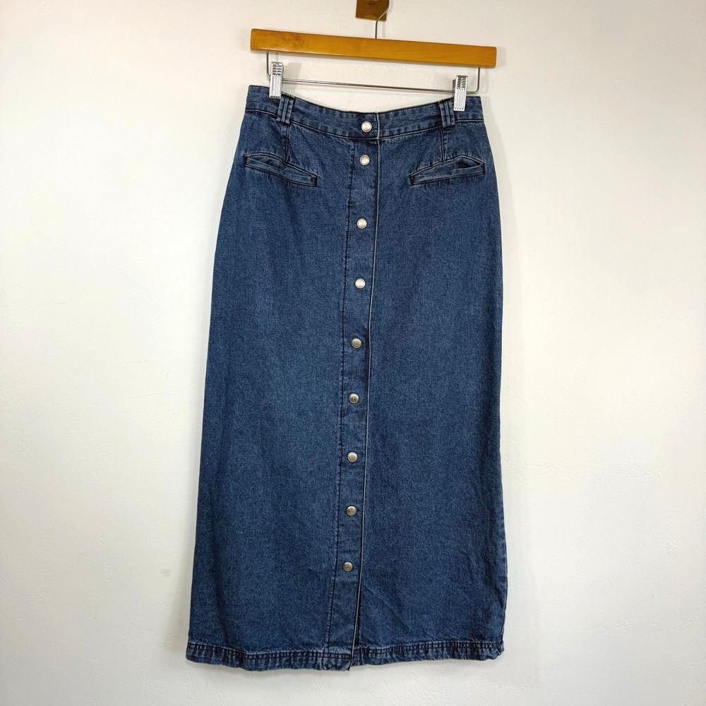 Vintage Tommy Jeans Buttonβ Front Denim Midi Skirt 8 90s Y2K Minimalist Blue